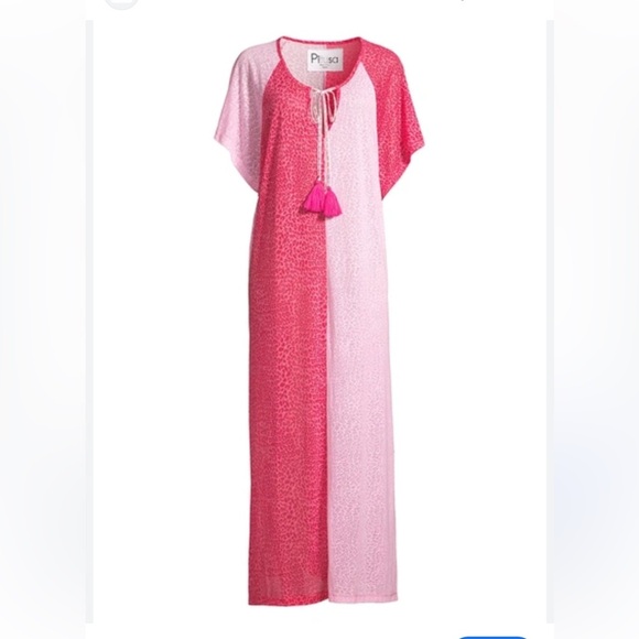 Pitusa Color Block CoverUp Resort Cheetah Pink Popover Maxi Dress Women’s OS - Picture 1 of 6